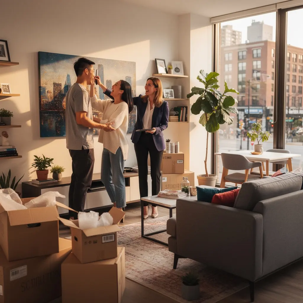 Konsultacja dotycząca wynajmu mieszkań z osobą siedzącą przy biurku z dokumentami.