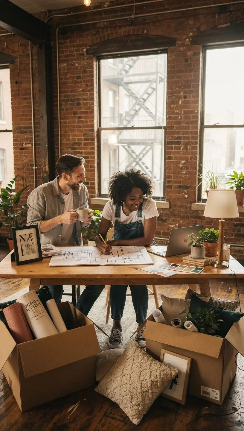 Rodzina przygotowująca się do przeprowadzki z pudełkami i meblami w nowym domu.