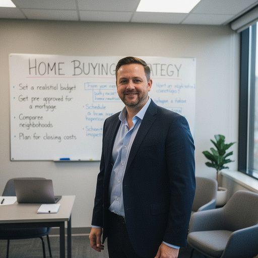 Konsultant ds. mieszkań rozmawiający z klientem przy biurku doradczym.